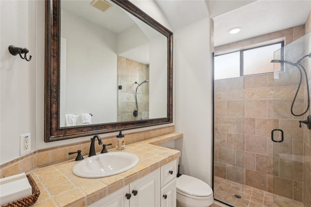 Bathroom, Interior, Recessed Lighting, Tile Countertops