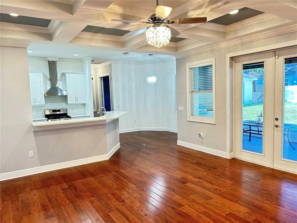 Empty room, Interior, Kitchen, Pendant Lights, Recessed Lighting, Wood Texture Flooring