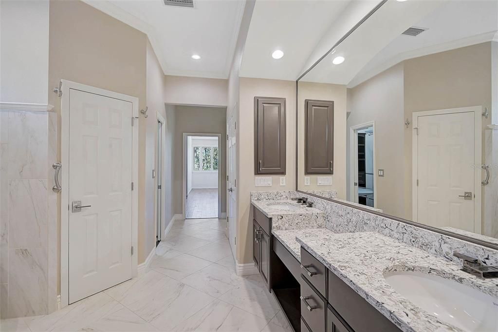Bathroom, Dual Sink Vanities, Interior, Marble, Recessed Lighting