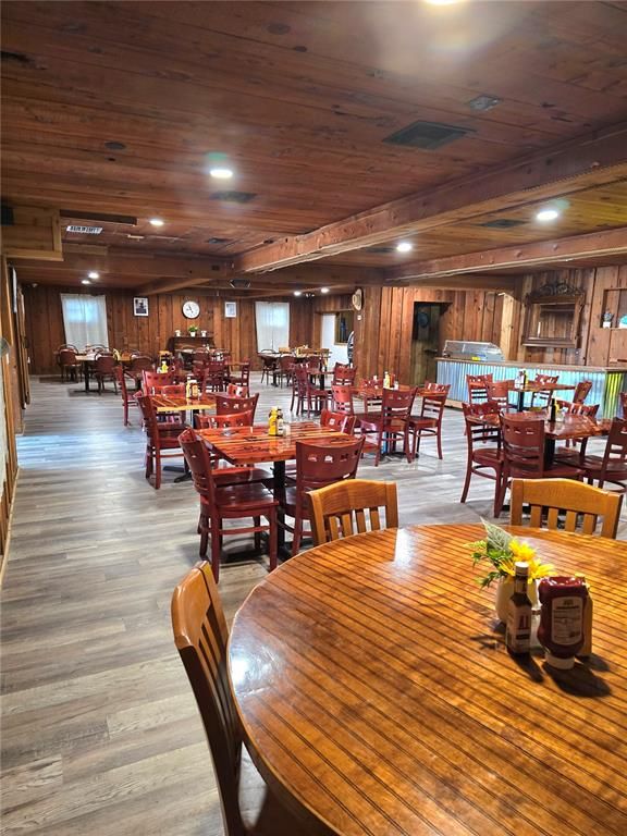 Dining room, Interior, Recessed Lighting, Wooden Beams, Wooden Ceilings, Wood Texture Flooring, Wooden Walls
