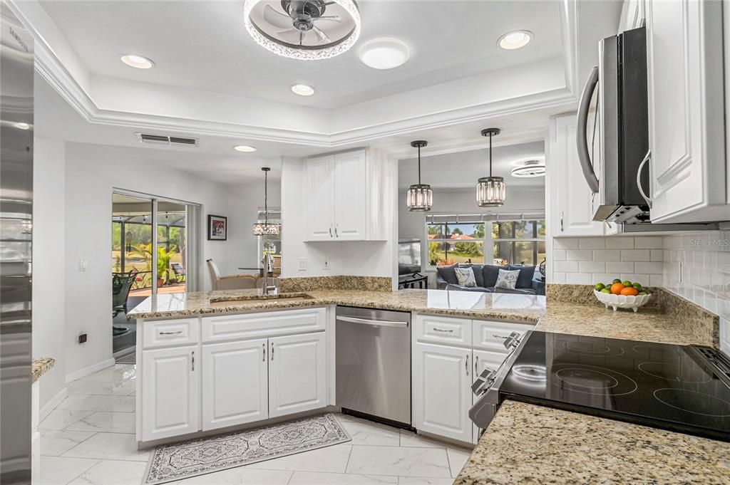 Interior, Kitchen, Marble, Pendant Lights, Recessed Lighting, Stainless Steel Appliances