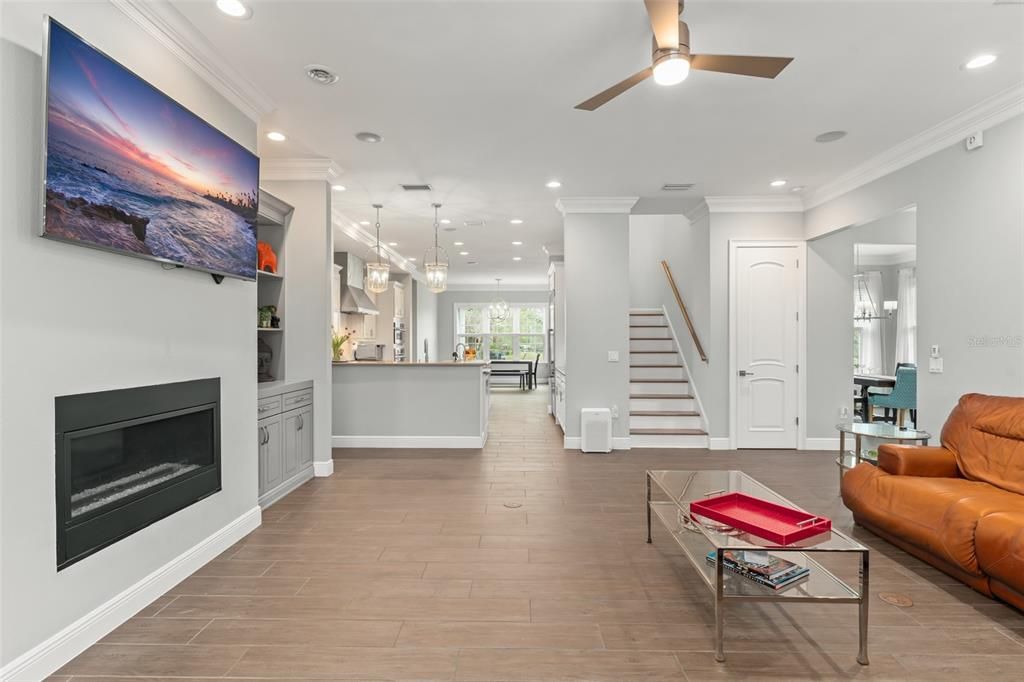 Fireplace, Interior, Kitchen, Living room, Pendant Lights, Recessed Lighting, Wood Texture Flooring