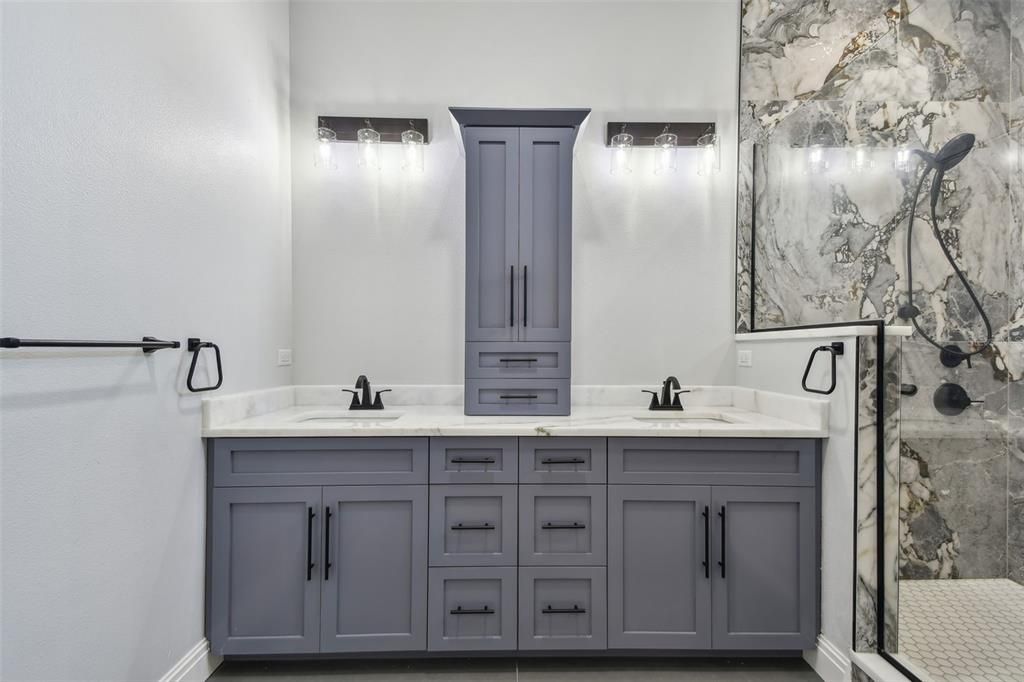 Bathroom, Dual Sink Vanities, Glass Shower, Interior, Marble Walls