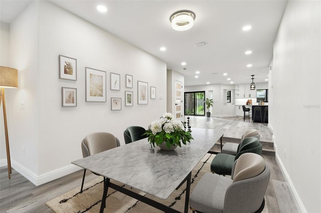 Dining room, Interior, Kitchen, Pendant Lights, Recessed Lighting, Wood Texture Flooring