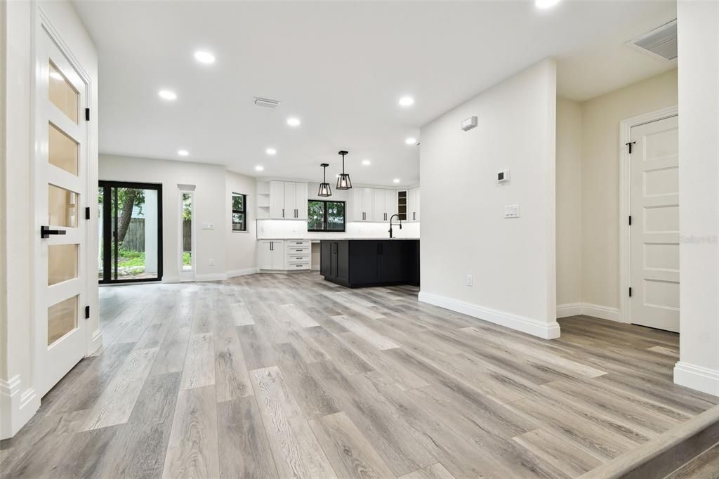Interior, Kitchen, Pendant Lights, Recessed Lighting, Wood Texture Flooring