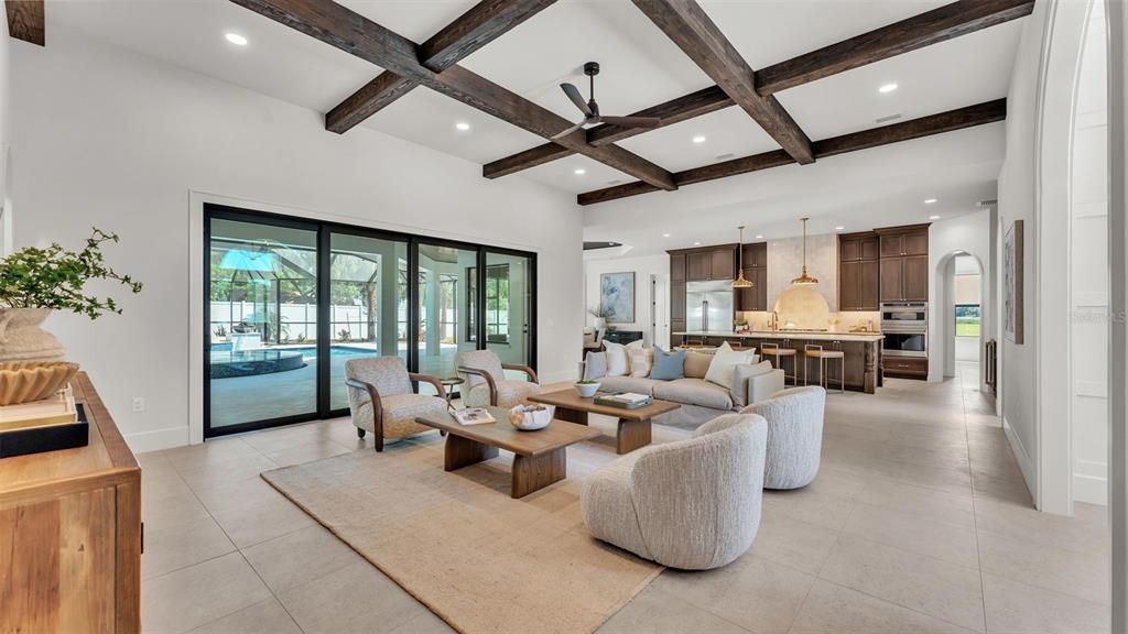 Interior, Kitchen, Living room, Pendant Lights, Recessed Lighting, Stainless Steel Appliances, Wooden Beams