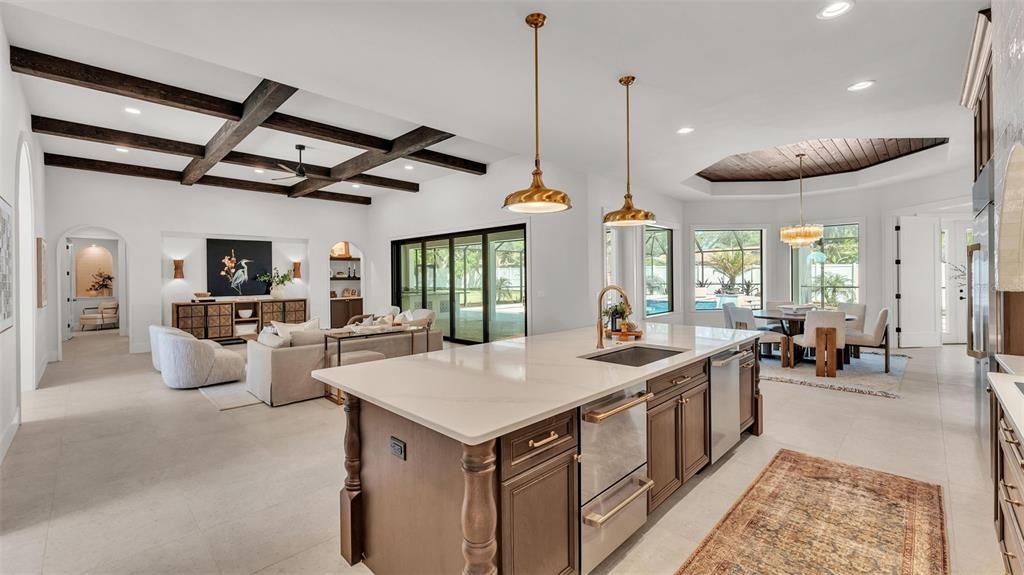 Dining room, Interior, Kitchen, Living room, Pendant Lights, Recessed Lighting, Stainless Steel Appliances, Wooden Beams