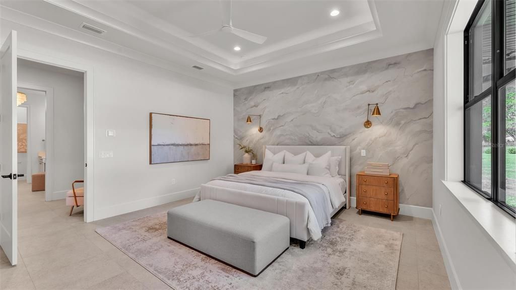 Bedroom, Interior, Marble Walls, Recessed Lighting