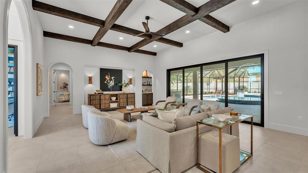 Interior, Living room, Recessed Lighting, Wooden Beams