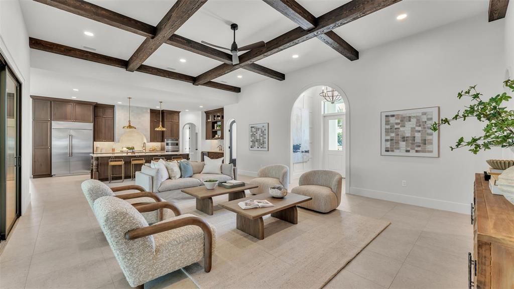 Interior, Kitchen, Living room, Pendant Lights, Recessed Lighting, Stainless Steel Appliances, Wooden Beams