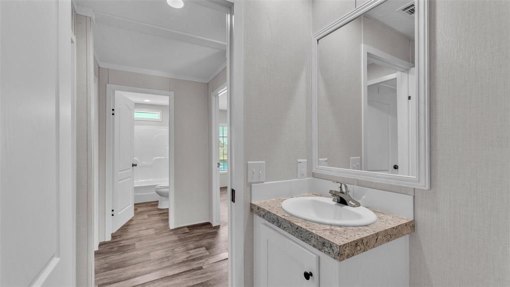 Bathroom, Interior, Recessed Lighting, Wood Texture Flooring