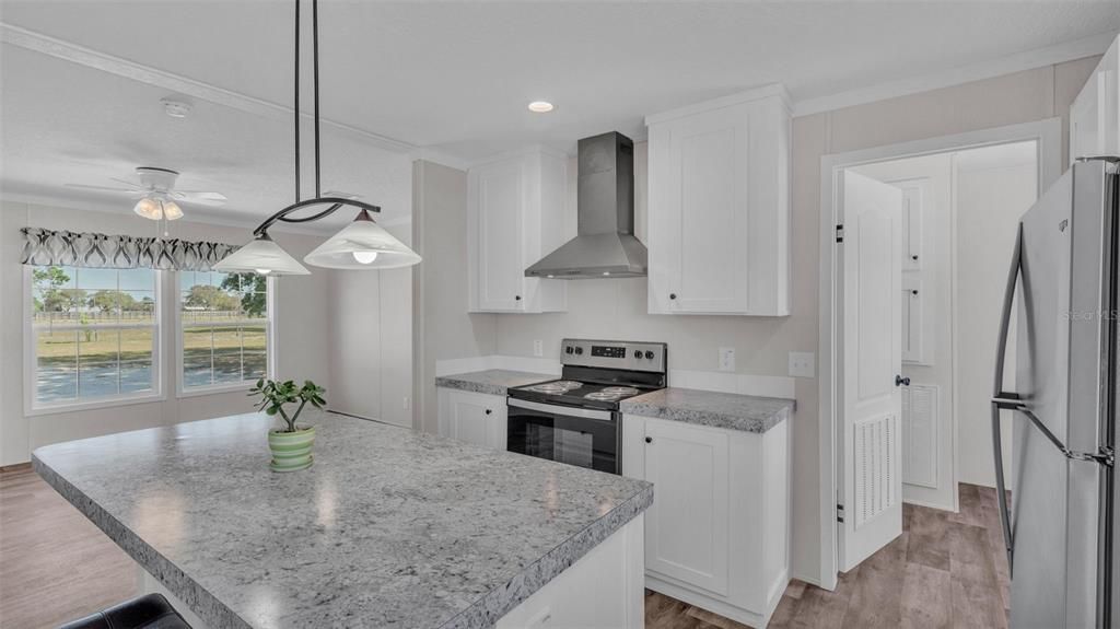 Interior, Kitchen, Pendant Lights, Recessed Lighting, Wood Texture Flooring