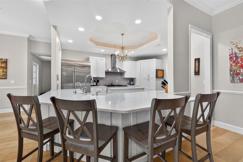 Chandelier, Interior, Kitchen, Recessed Lighting, Stainless Steel Appliances, Wood Texture Flooring