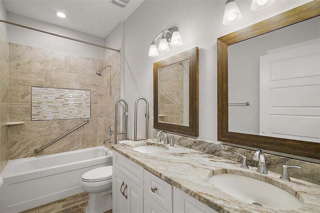 Bathroom, Dual Sink Vanities, Interior, Recessed Lighting, Wood Texture Flooring
