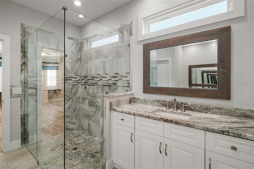 Bathroom, Glass Shower, Interior, Marble Walls, Recessed Lighting