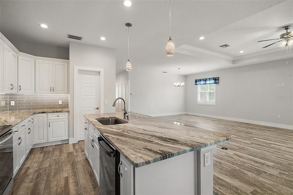 Chandelier, Interior, Kitchen, Pendant Lights, Recessed Lighting, Wood Texture Flooring