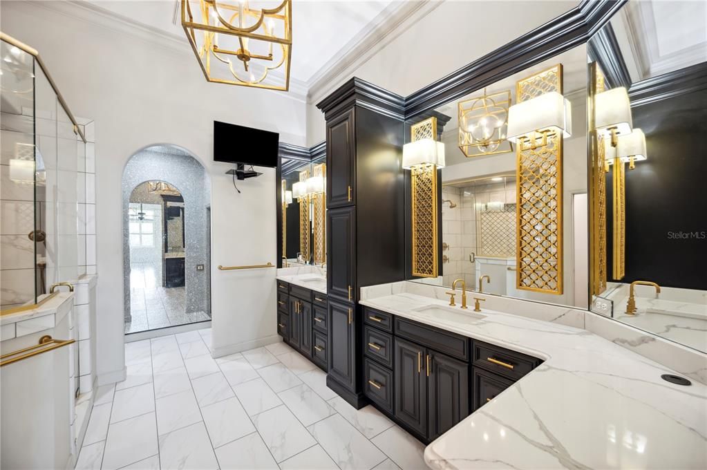 Bathroom, Chandelier, Dual Sink Vanities, Glass Shower, Interior, Marble