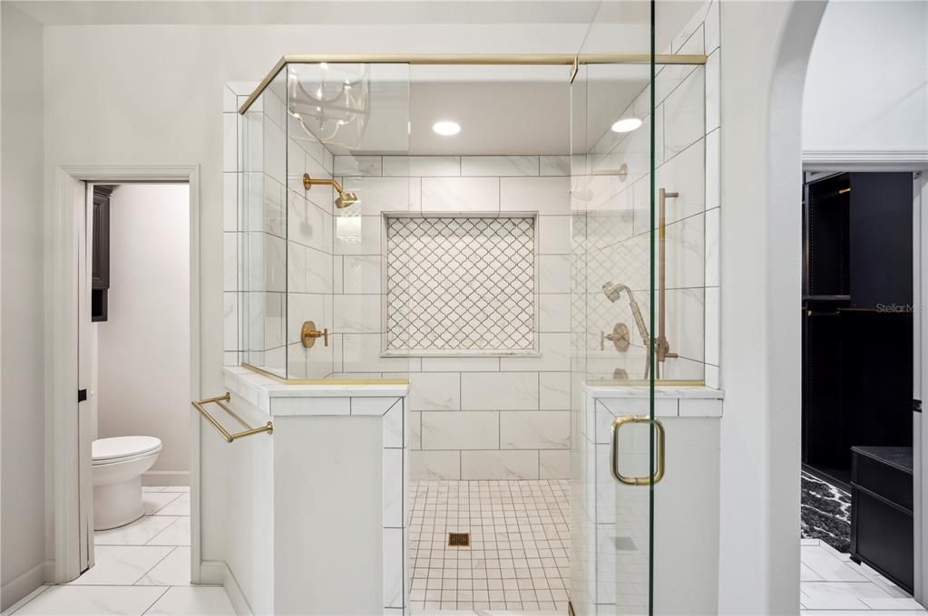 Bathroom, Glass Shower, Interior, Marble, Marble Walls, Recessed Lighting