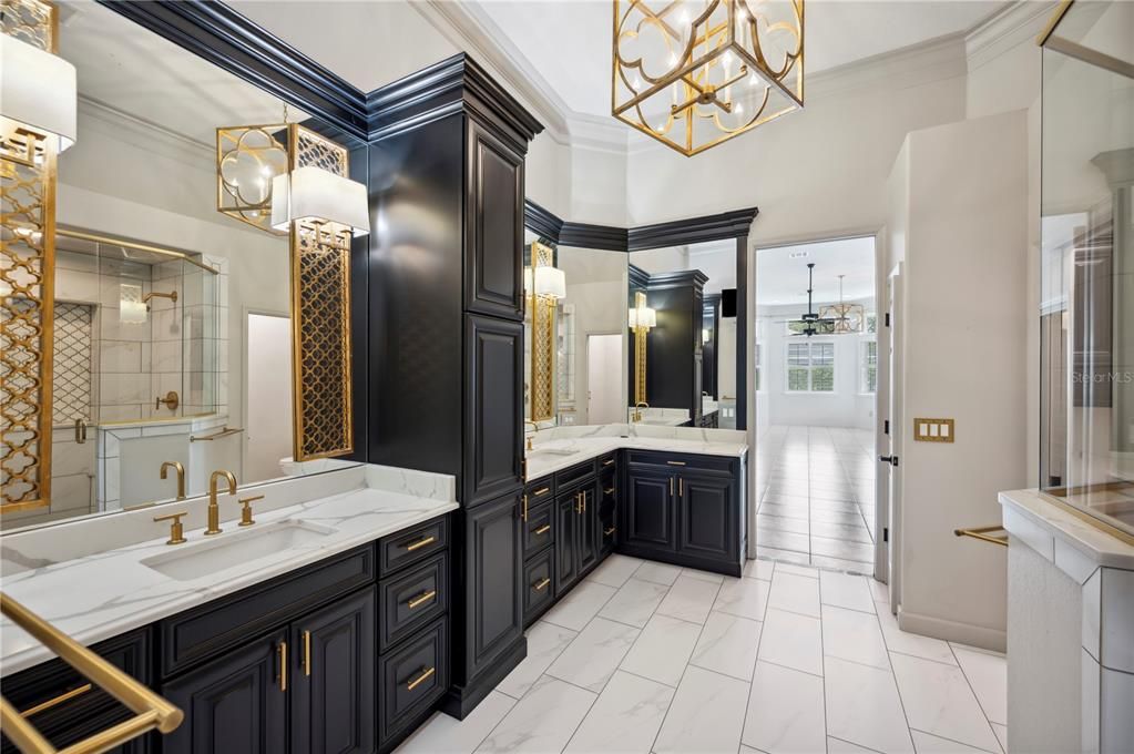 Bathroom, Chandelier, Dual Sink Vanities, Glass Shower, Interior, Marble