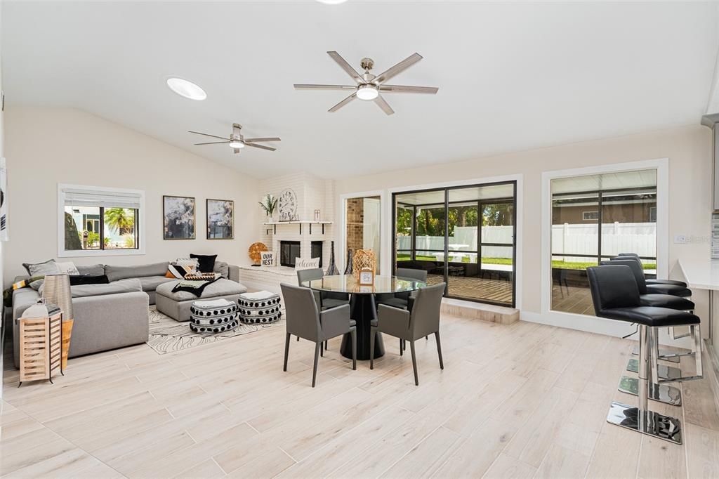 Dining room, Fireplace, Interior, Living room, Wood Texture Flooring