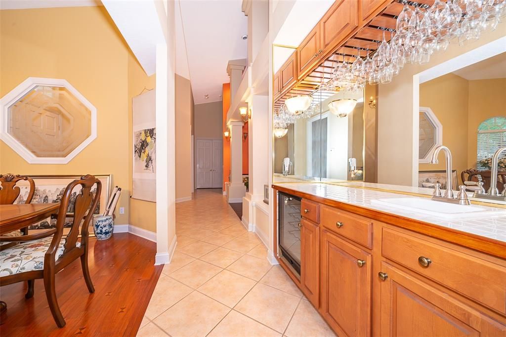 Bathroom, Chandelier, Interior, Tile Countertops, Wood Texture Flooring