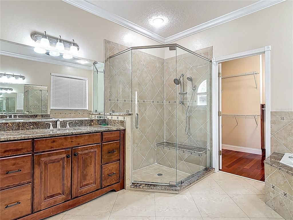 Bathroom, Dual Sink Vanities, Glass Shower, Interior, Wood Texture Flooring
