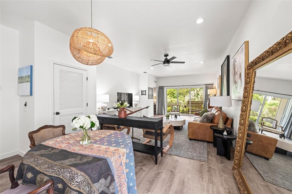 Home Office, Interior, Living room, Pendant Lights, Recessed Lighting, Wood Texture Flooring
