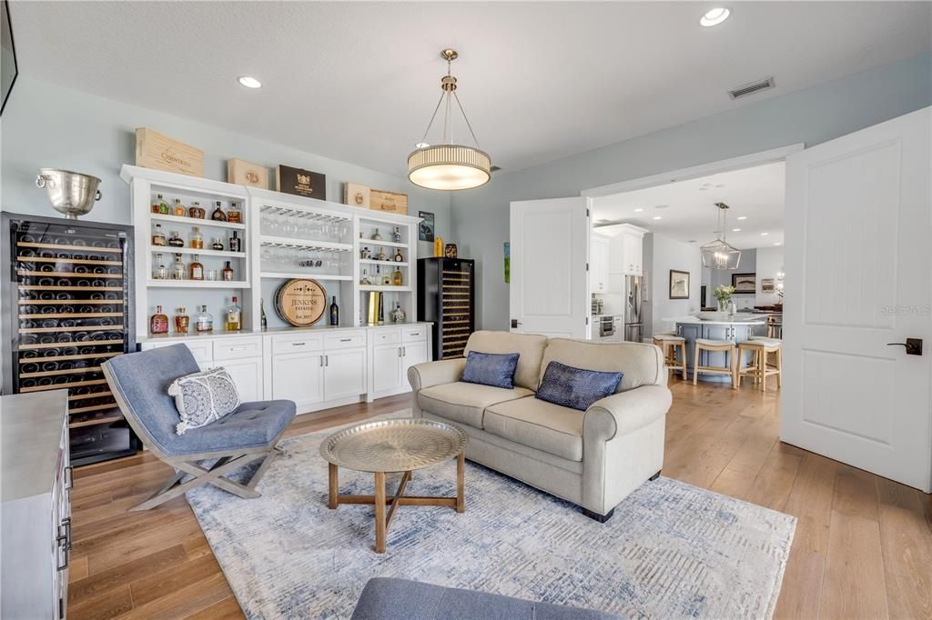 Dining room, Interior, Living room, Pendant Lights, Recessed Lighting, Wood Texture Flooring