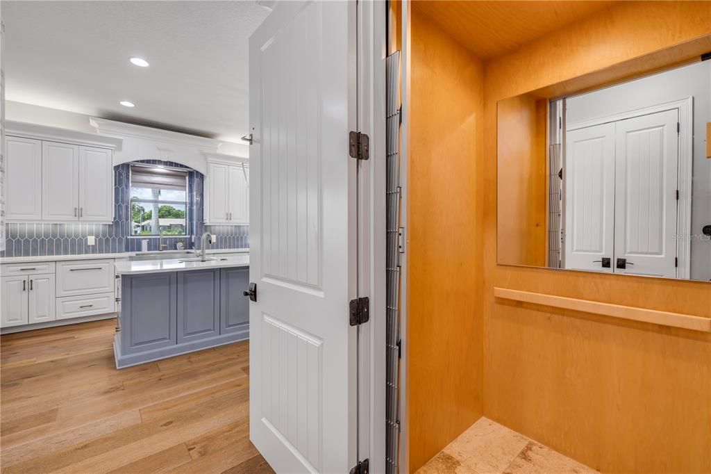 Interior, Kitchen, Recessed Lighting, Wooden Ceilings, Wood Texture Flooring, Wooden Walls