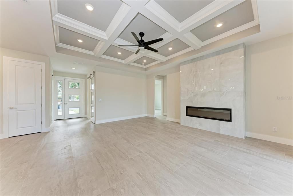 Empty room, Fireplace, Interior, Recessed Lighting, Wood Texture Flooring