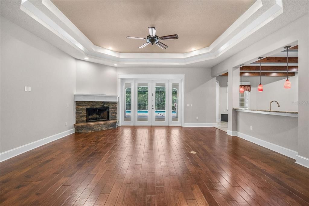 Empty room, Fireplace, Interior, Recessed Lighting, Wood Texture Flooring
