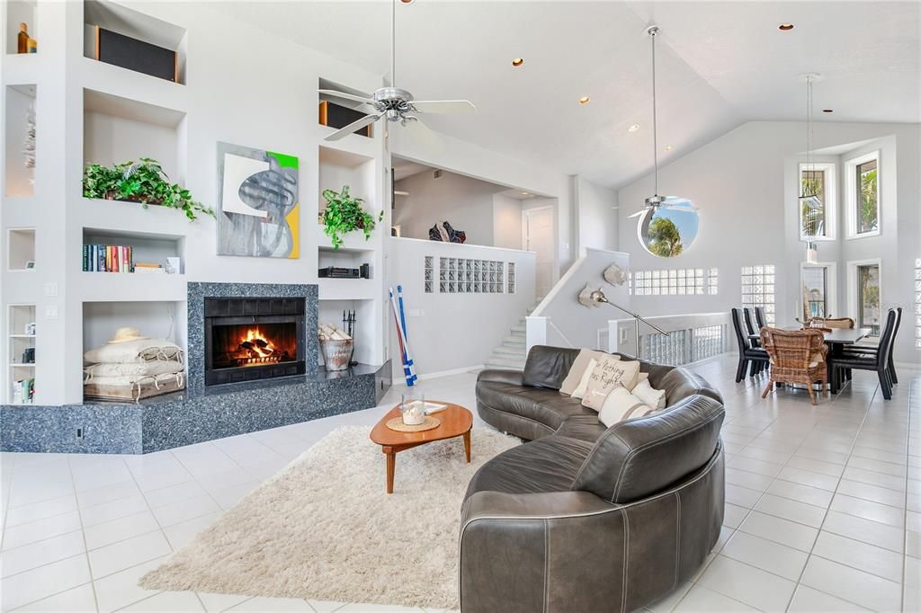 Dining room, Fireplace, Interior, Living room, Pendant Lights, Recessed Lighting