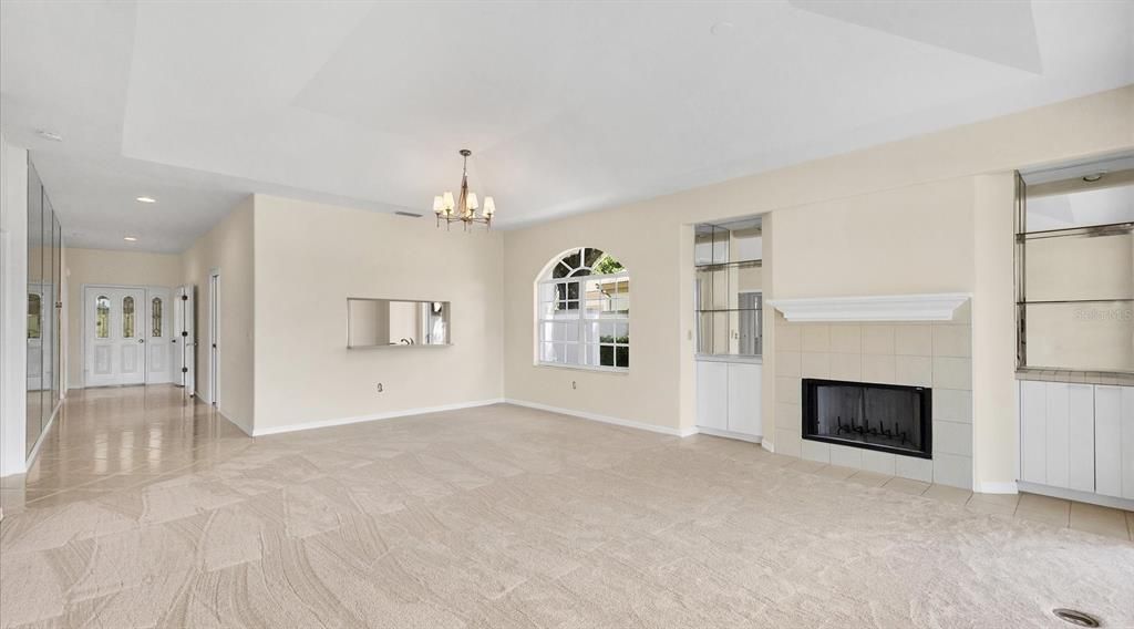 Chandelier, Empty room, Fireplace, Interior, Recessed Lighting