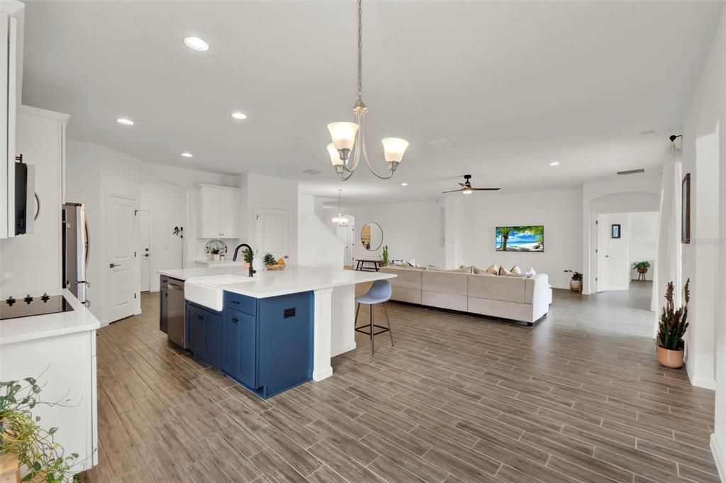 Interior, Kitchen, Pendant Lights, Recessed Lighting, Wood Texture Flooring
