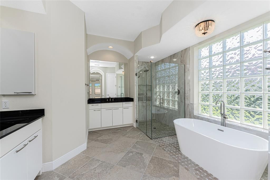 Bathroom, Free Standing Baths, Glass Shower, Interior, Recessed Lighting