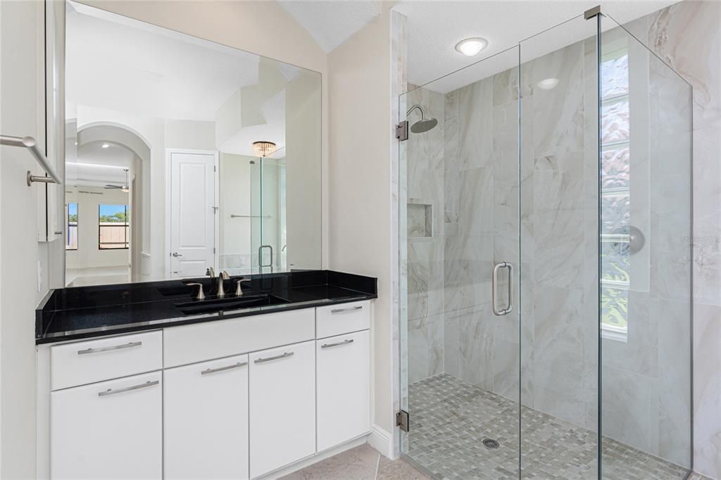 Bathroom, Glass Shower, Interior, Marble Walls, Recessed Lighting