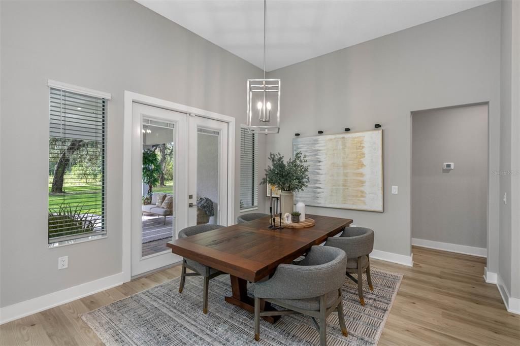 Dining room, Interior, Pendant Lights, Wood Texture Flooring