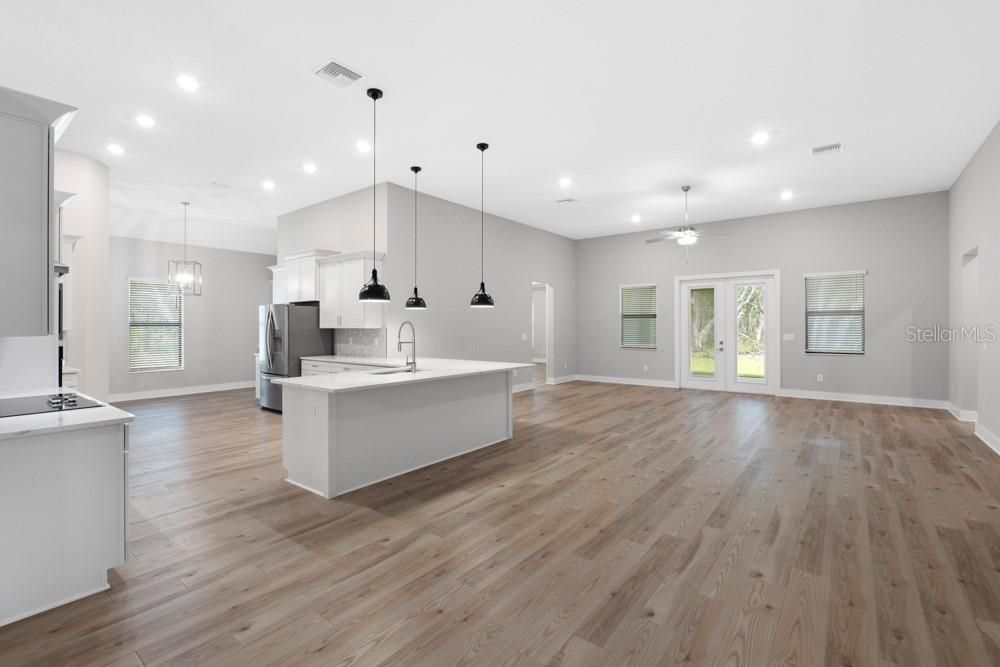 Empty room, Interior, Kitchen, Pendant Lights, Recessed Lighting, Wood Texture Flooring
