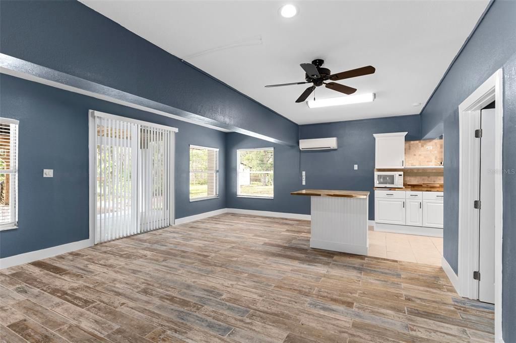 Empty room, Interior, Kitchen, Recessed Lighting, Wood Texture Flooring