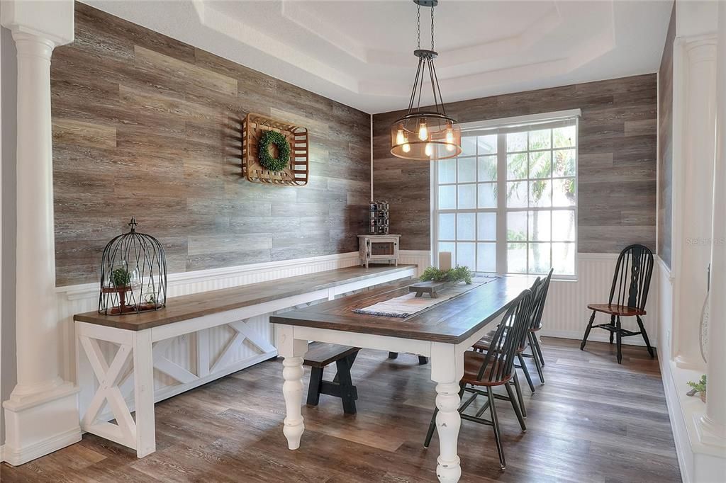 Dining room, Interior, Pendant Lights, Wood Texture Flooring, Wooden Walls
