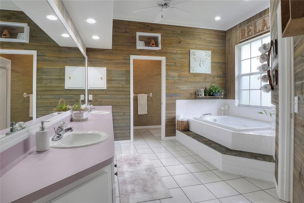 Bathroom, Dual Sink Vanities, Interior, Recessed Lighting, Wooden Walls