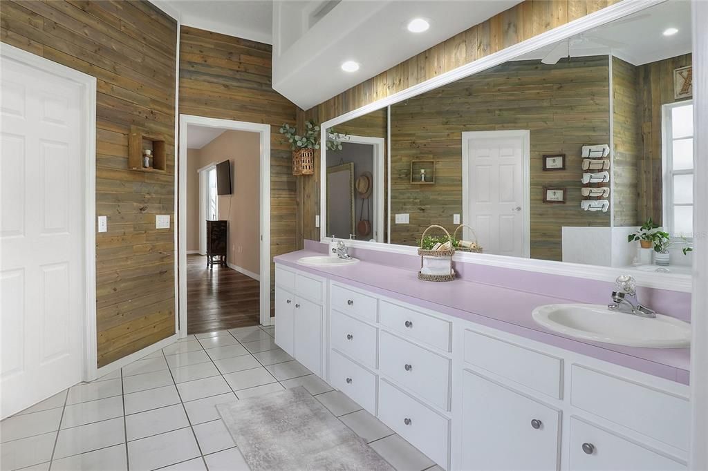 Bathroom, Dual Sink Vanities, Interior, Recessed Lighting, Wooden Walls