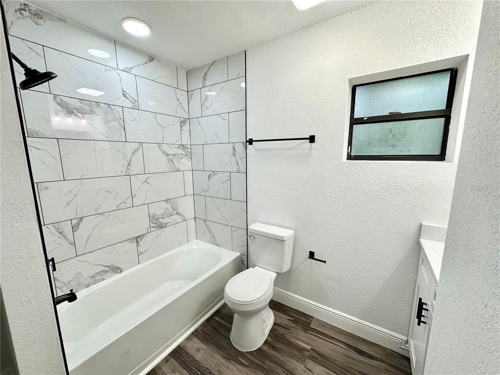 Bathroom, Interior, Marble Walls, Recessed Lighting, Wood Texture Flooring