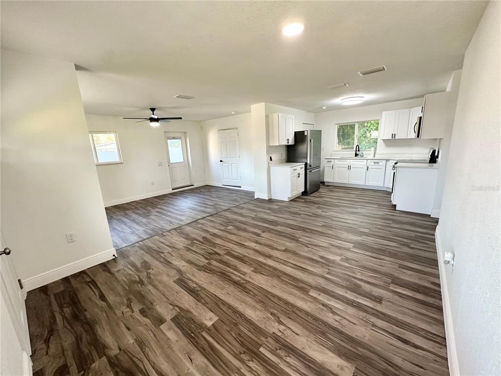 Empty room, Interior, Kitchen, Recessed Lighting, Wood Texture Flooring