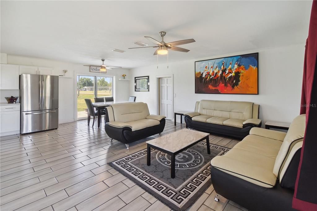 Dining room, Interior, Kitchen, Living room, Stainless Steel Appliances, Wood Texture Flooring