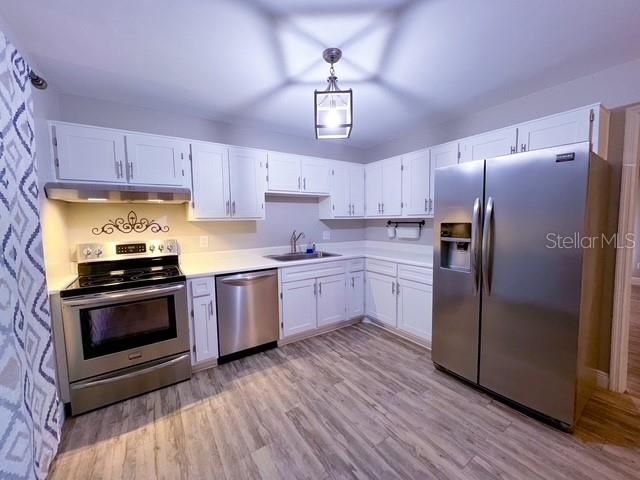 Interior, Kitchen, Pendant Lights, Stainless Steel Appliances, Wood Texture Flooring