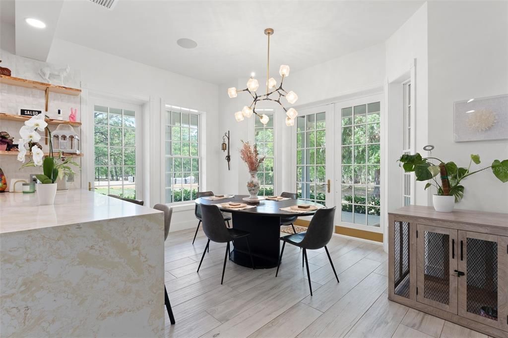 Dining room, Interior, Pendant Lights, Recessed Lighting, Wood Texture Flooring