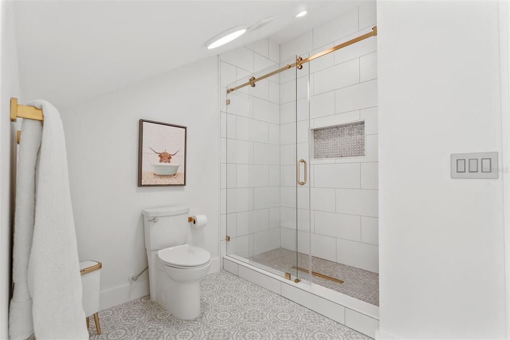 Bathroom, Glass Shower, Interior, Recessed Lighting