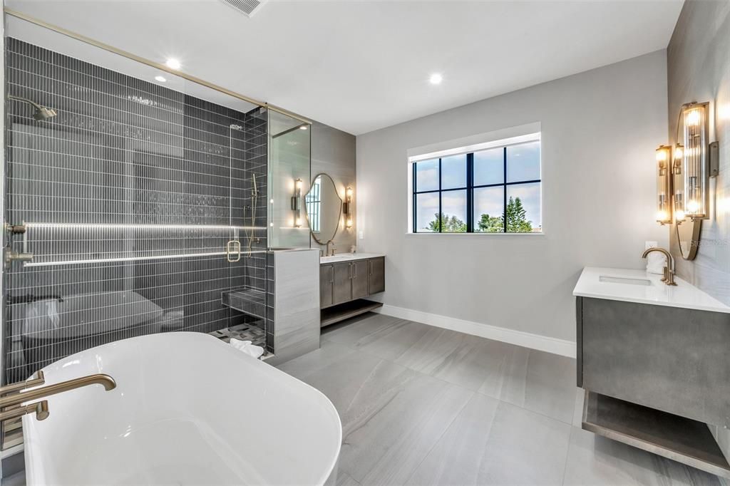Bathroom, Dual Sink Vanities, Glass Shower, Interior, Recessed Lighting