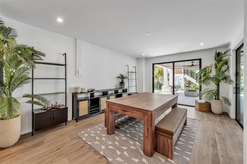 Dining room, Game Room, Interior, Recessed Lighting, Wood Texture Flooring